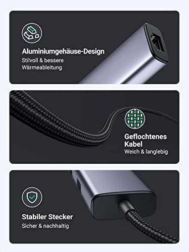 Ugreen 4-in-1 USB-C Ethernet Adapter, USB-C 3.0 [Stecker]