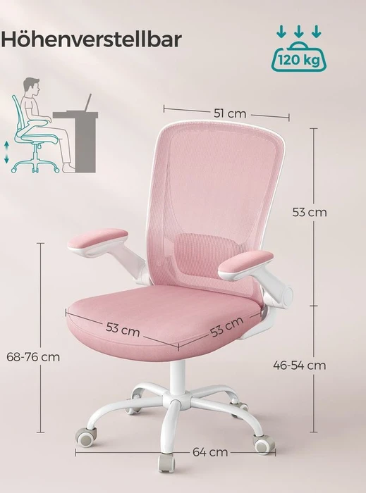 Songmics Bürostuhl ergonomisch mit Amrlehnen, pastellrosa