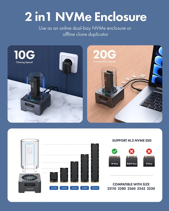 Graugear G-M2DK-CL-20G, M.2 NVMe Dockingstation mit Klon-Funktion, USB-C 3.2