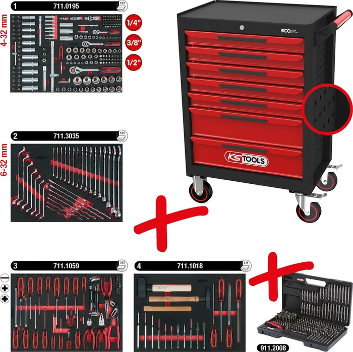 KS Tools ECOline Werkzeugwagen schwarz/rot bestückt inkl. 515-tlg. Zubehör