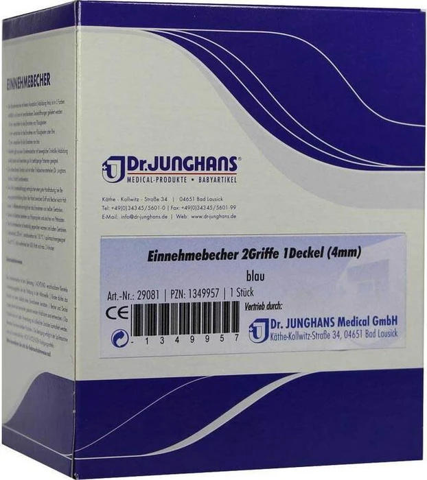 Dr. Junghans Medical Einnehmebecher mit 2 Griffen und Deckel 4mm blau, 250ml