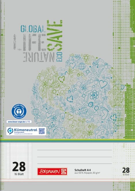 Brunnen Recycling Schulheft, A4, Lineatur 28, grau/grün, 16 Blatt