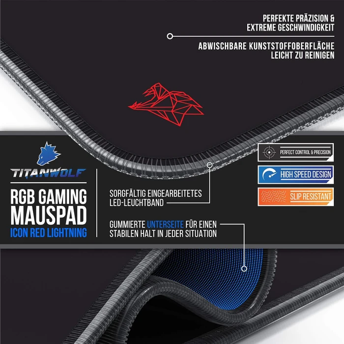 Titanwolf Icon Red Lightning RGB Gaming XXL Mauspad, 800x300mm, schwarz