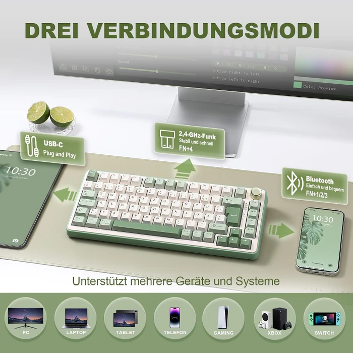 Yunzii B75 Pro, Matcha Green, beige, Milk Switch, USB/Bluetooth, DE