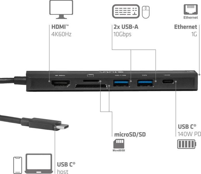 Club 3D 7-in-1 USB Typ-C Hub 140W, USB-C 3.1 [Stecker]