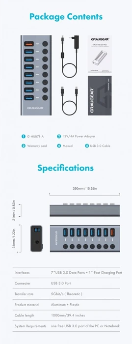Graugear G-HUB71-A, USB-Hub, 8x USB-A 3.0, USB-B 3.0 [Buchse]
