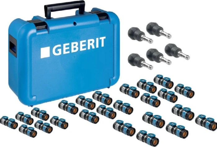 Geberit FlowFit Koffer bestückt mit Übergängen auf Fremdsysteme