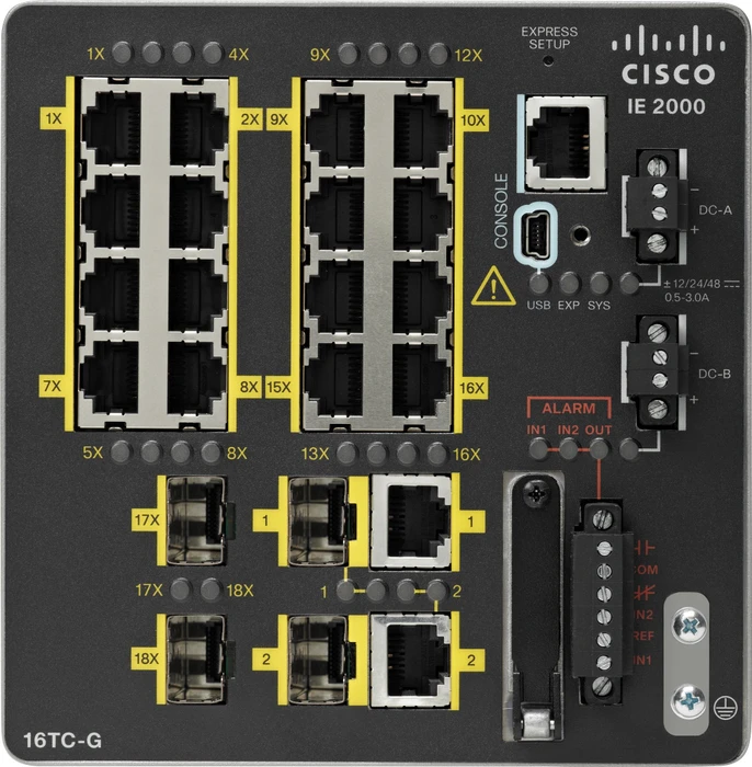 Cisco IE 2000 LAN Base Industrial Railmount Managed Switch, 16x RJ-45, 2x SFP, 2x RJ-45/SFP