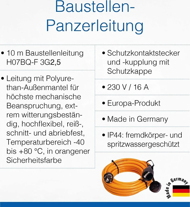 as-Schwabe Polyurethan Verlängerungskabel IP44 orange/schwarz, H07BQ-F 3G2.5, 10m