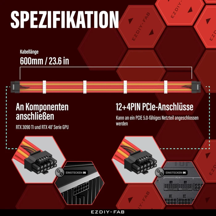 EZDIY-FAB 12VHPWR Kabel, 16-Pin PCIe 5.0 12VHPWR Stecker auf 16-Pin PCIe 5.0 12VHPWR Stecker, 16AWG, rot/gelb, 60cm