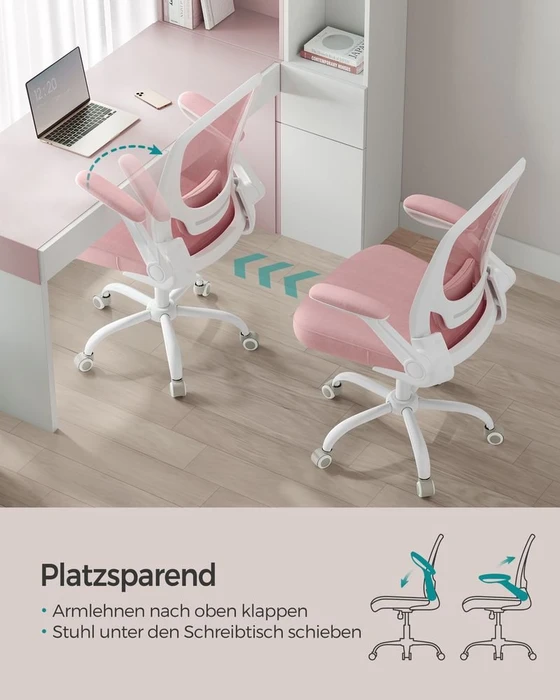 Songmics Bürostuhl ergonomisch mit Amrlehnen, pastellrosa