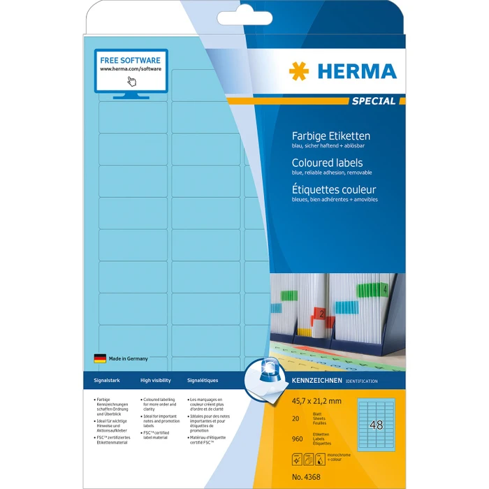 Herma Etiketten, 45.7x21.2mm, ablösbar, hellblau, 20 Blatt (960 Etiketten)