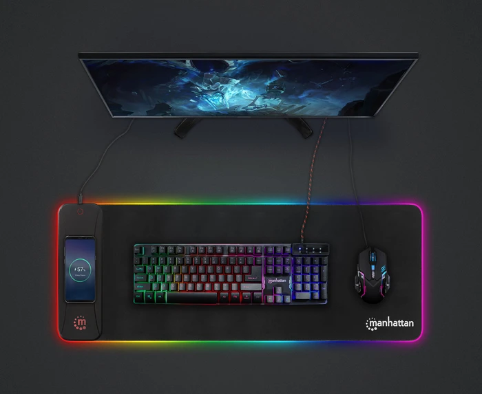 Manhattan XXL RGB LED Gaming Mauspad mit kabellosem Induktionsladegerät, 800x350mm, schwarz
