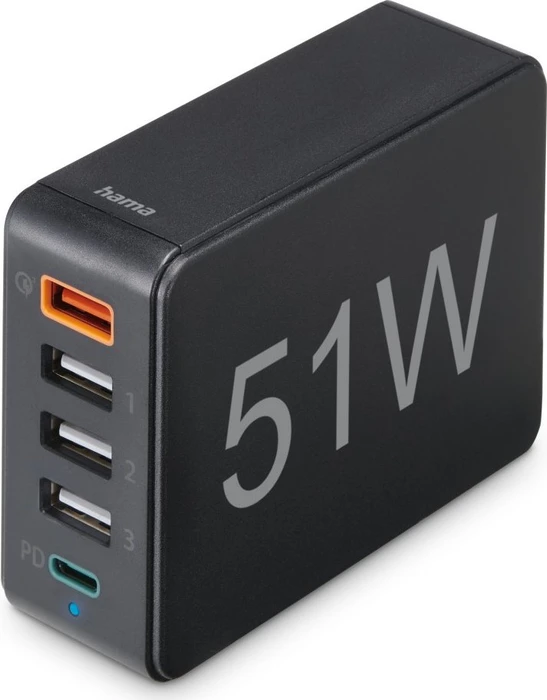 Hama Schnellladegerät 5 Ports 1x QC 3.0 3x USB-A 1x USB-C PD 51W schwarz