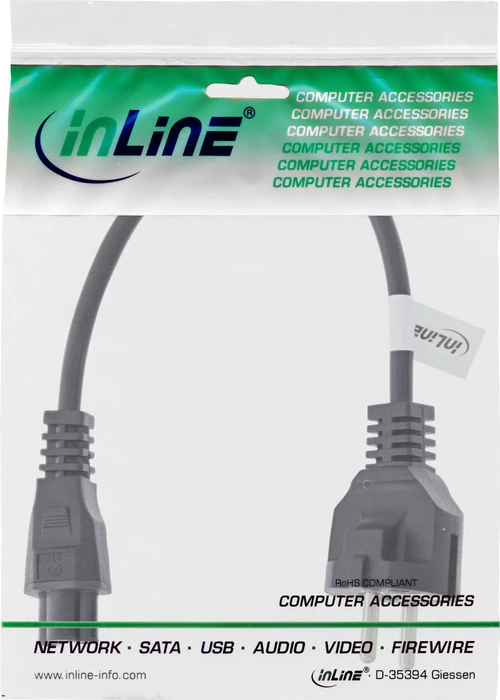 InLine Netzkabel für Notebook, Schutzkontakt auf 3pol Kupplung, schwarz, 0.3m