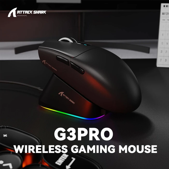 Attack Shark G3Pro Tri-mode Wireless Gaming Mouse mit Ladestation, Black, USB/Bluetooth