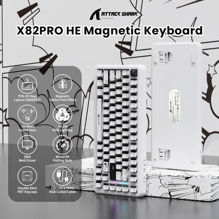 Attack Shark X82PRO HE Magnetic 75% inkl. Spiralkabel, Comic, LEDs RGB, Outemu White Jade Magnetic, USB/Bluetooth, US