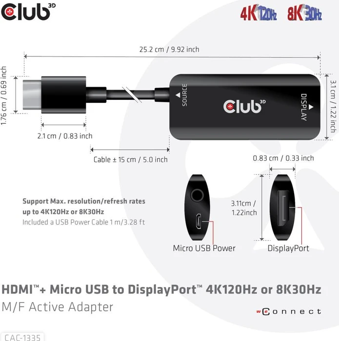 Club 3D aktives DisplayPort 1.4/HDMI 2.1 Adapterkabel schwarz, 0.15m