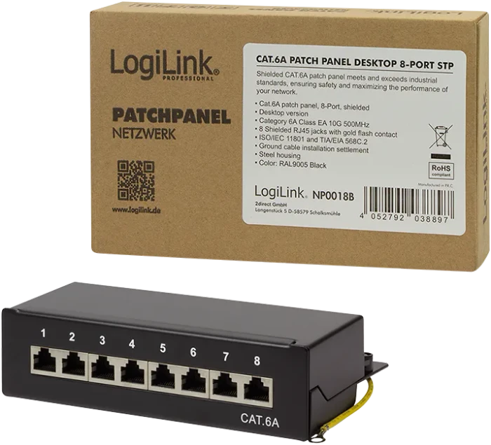 LogiLink Desktop Patchpanel Cat6a, für Tisch/Wand, 8-Port, schwarz