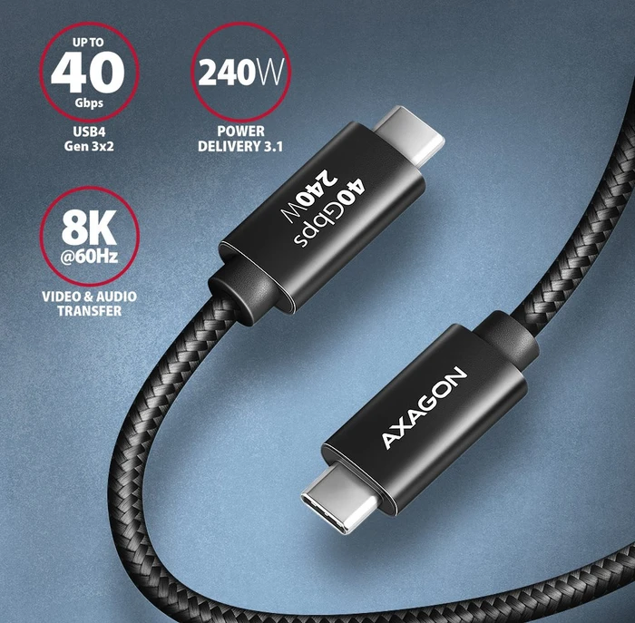 Axagon USB-C Kabel, USB4 Gen3x2, 40Gb/s, 8K60Hz, 240W PD EPR, USB-C [Stecker] auf USB-C [Stecker], 1m