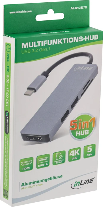 InLine Multifunktions-Hub + Card Reader, 2x USB-A 3.0, HDMI, SD Card, USB-C 3.0 [Stecker]