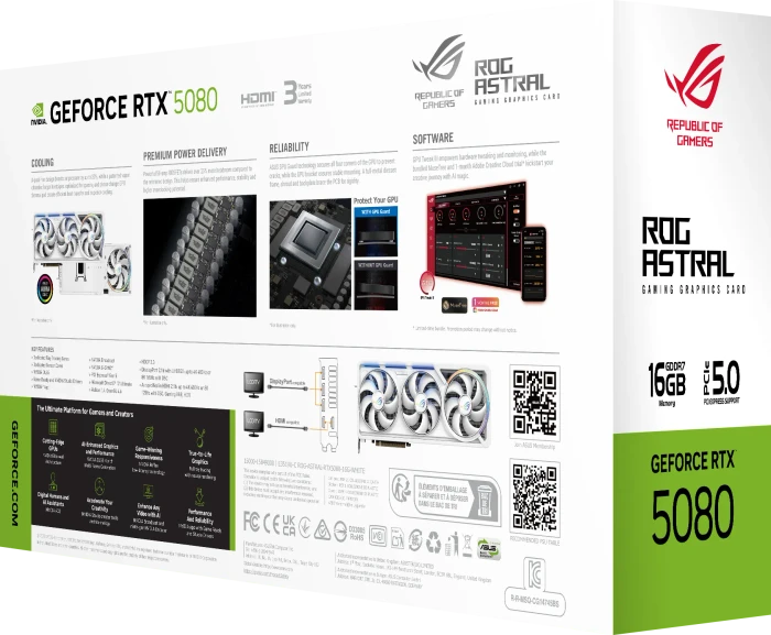 ASUS ROG Astral GeForce RTX 5080 White, ROG-ASTRAL-RTX5080-16G-WHITE, 16GB GDDR7, 2x HDMI, 3x DP