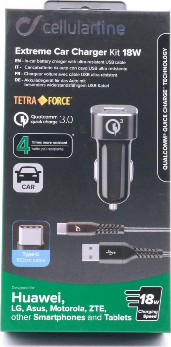 Cellularline Extreme Car Charger Kit 18W USB-C