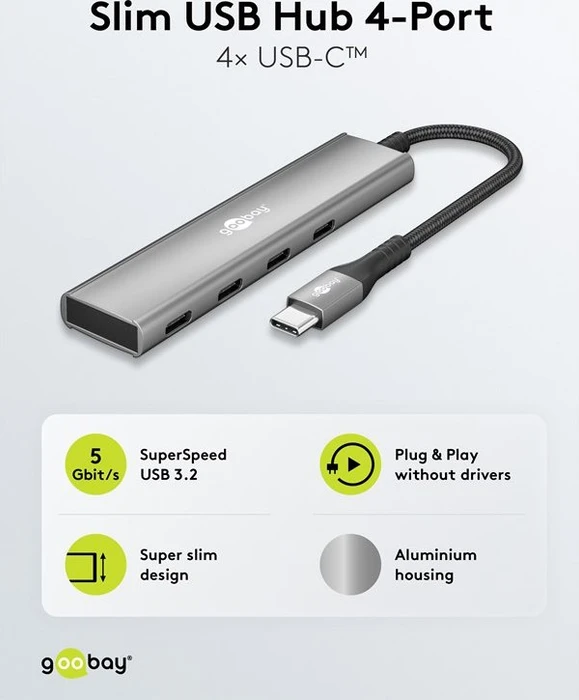 Wentronic goobay Slim 4-Port USB-Hub, 4x USB-C 3.0, USB-C 3.0 [Stecker]