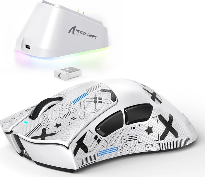Attack Shark V3 PRO Tri-mode Wireless Gaming Mouse mit Ladestation, weiß, inkl. Grip Tape, USB/Bluetooth