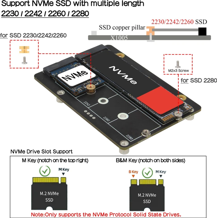 Geekworm X1005 Dual PCIe auf M.2 Key-M NVMe Adapter-Board, M.2 M-Key 2230/2242/2260/2280 NVMe Slot für Raspberry Pi 5