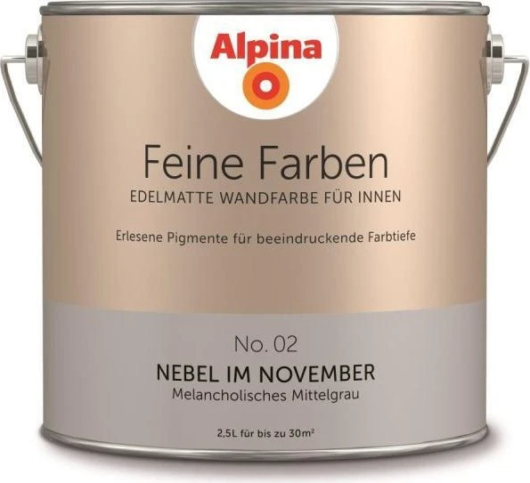 Alpina Farben Feine Farben No. 02 Nebel im November innen melancholisches mittelgrau edelmatt grau, 2.5l
