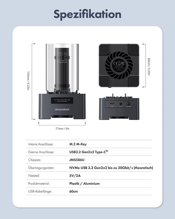 Graugear G-M2DK-CL-20G, M.2 NVMe Dockingstation mit Klon-Funktion, USB-C 3.2