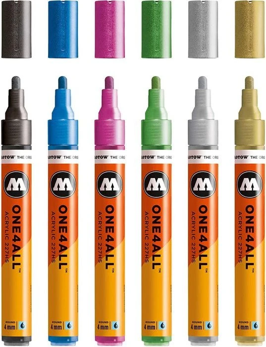 Molotow ONE4ALL 227HS 4mm Acrylmarker Metallic-Set sortiert, 6er-Set, Etui