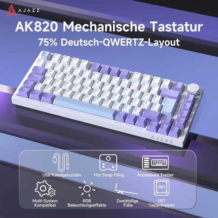 Ajazz AK820, White Purple, LEDs RGB, hot-swap, Ajazz Sea Salt, USB, DE