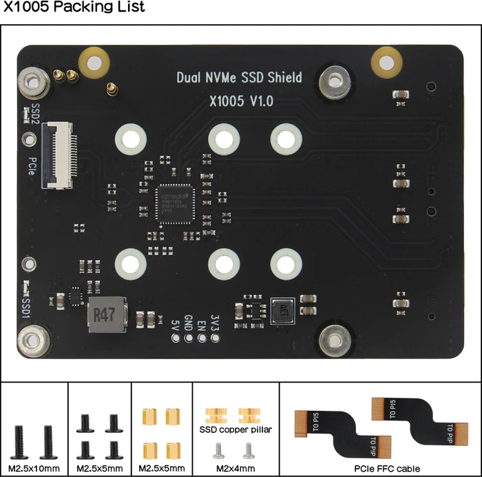 Geekworm X1005 Dual PCIe auf M.2 Key-M NVMe Adapter-Board, M.2 M-Key 2230/2242/2260/2280 NVMe Slot für Raspberry Pi 5