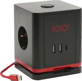 Olympia IOIO SW 1000 Steckdosenwürfel mit integriertem USB-C Ladekabel, 3-fach, 2x USB-C/2x USB-A, 1.5m, schwarz/rot