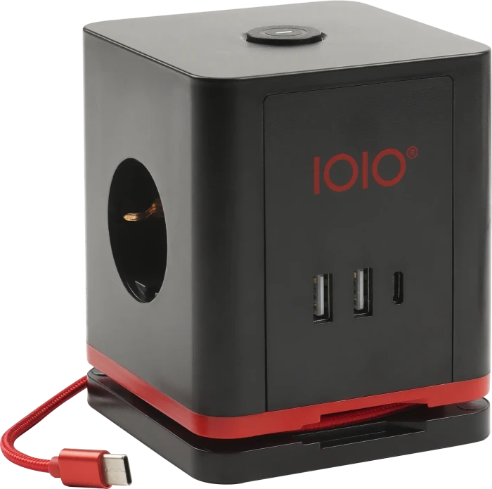 Olympia IOIO SW 1000 Steckdosenwürfel mit integriertem USB-C Ladekabel, 3-fach, 2x USB-C/2x USB-A, 1.5m, schwarz/rot