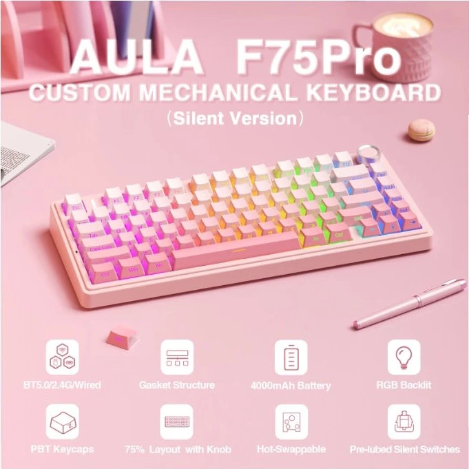 Aula F75 Pro, Pink Translucent Gradient, LEDs RGB, hot-swap, LEOBOG Feather, USB/Bluetooth, US