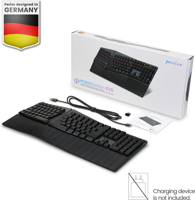 Perixx Periboard-835 Ergo Wireless, schwarz, LEDs RGB, Kailh Choc LOW PROFILE BROWN, USB/Bluetooth, DE