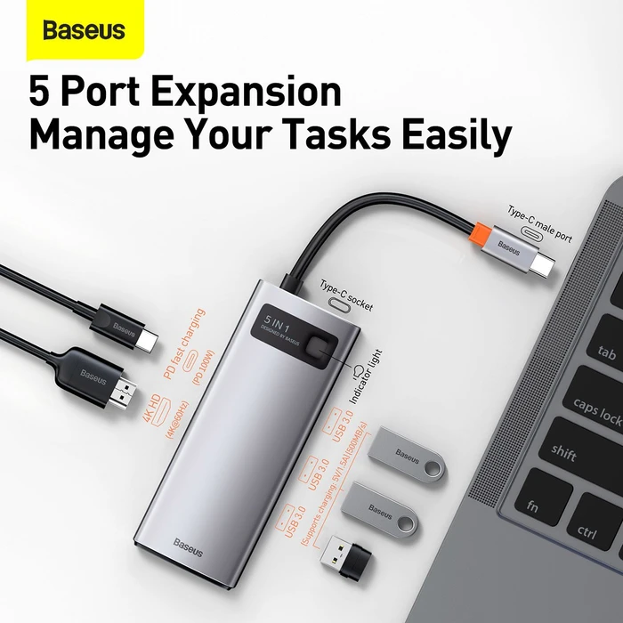 Baseus Metal Gleam 5-in-1 Hub, USB-C 3.0 [Stecker]