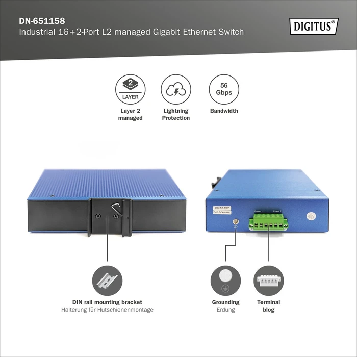 Digitus DN-65 Industrial Railmount Gigabit Managed Switch, 16x RJ-45, 2x SFP