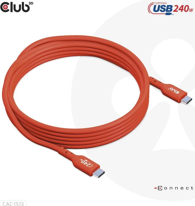 Club 3D USB-C 2.0 Kabel, 480Mb/s, 240W PD EPR, USB-C 2.0 Stecker auf USB-C 2.0 Stecker, 3m
