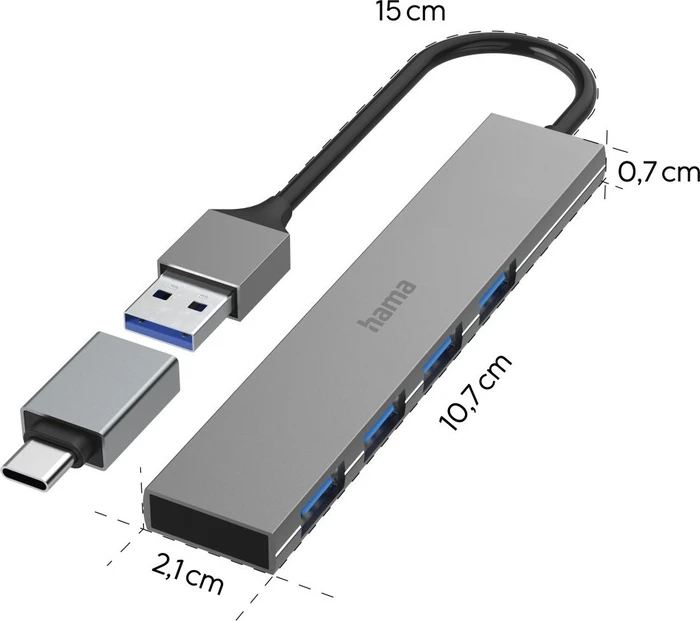 Hama USB-Hub Slim inkl. USB-C-Adapter, 4x USB-A 3.0, USB-A/USB-C 3.0 [Stecker]