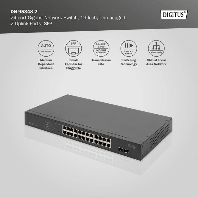 Digitus DN-953 Rackmount Gigabit Switch, 24x RJ-45, 2x SFP, 370W PoE+