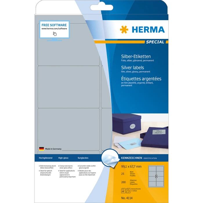 Herma Etiketten Special, 99.1x67.7mm, wetterfest, silber, glänzend, 25 Blatt (200 Etiketten)
