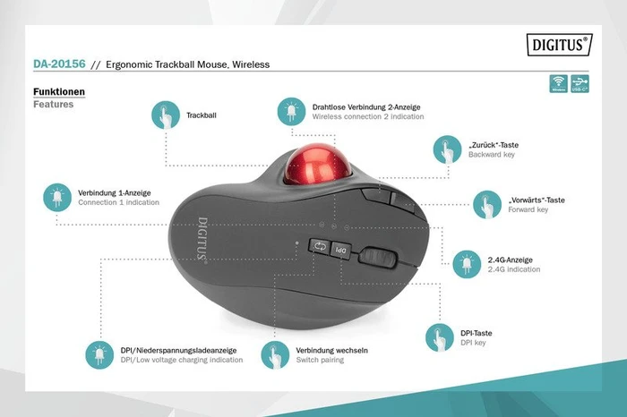 Digitus Wireless Ergonomic Trackball Mouse schwarz/rot, Bluetooth