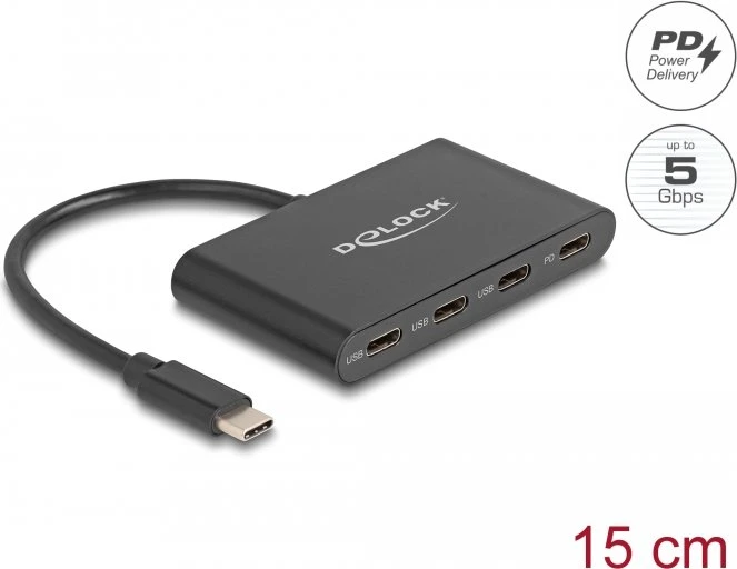 DeLOCK 3-Port USB-C-Hub mit PD, 3x USB-C 3.0, USB-C 3.0 [Stecker]