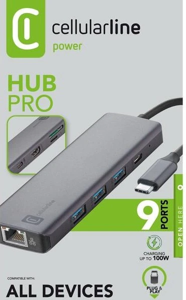 Cellularline Hub Pro mit 9 Anschlüssen, USB-C 3.0 [Stecker]