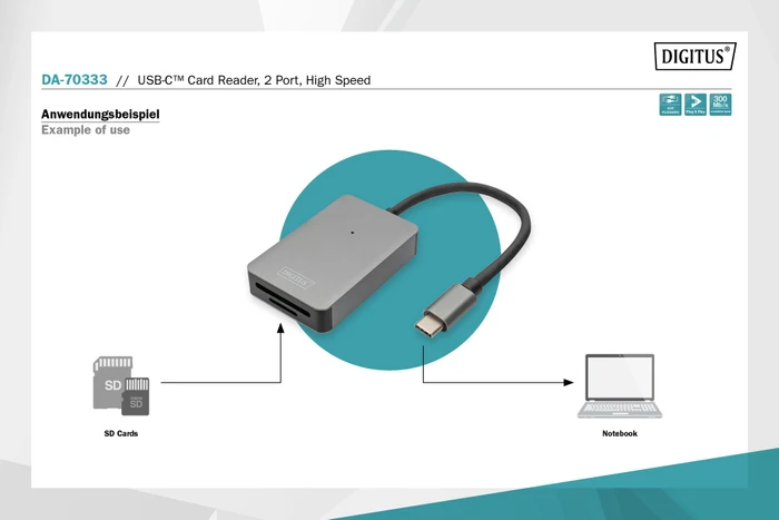 Digitus USB-C Card Reader, Dual-Slot-Cardreader, USB-C 3.0 [Stecker]