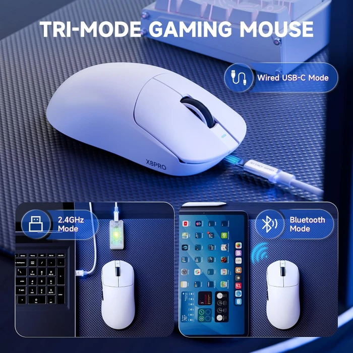 Attack Shark X8 Pro Tri-mode Wireless Gaming Mouse, weiß, USB/Bluetooth